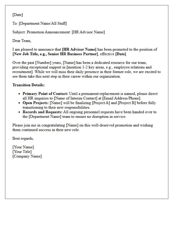 Promotional Transition Letter for Your Dedicated HR Advisor
