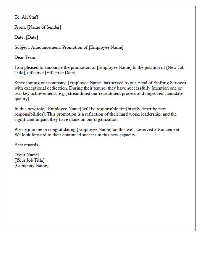 Letter Announcing the Promotion of Our Head of Staffing Services