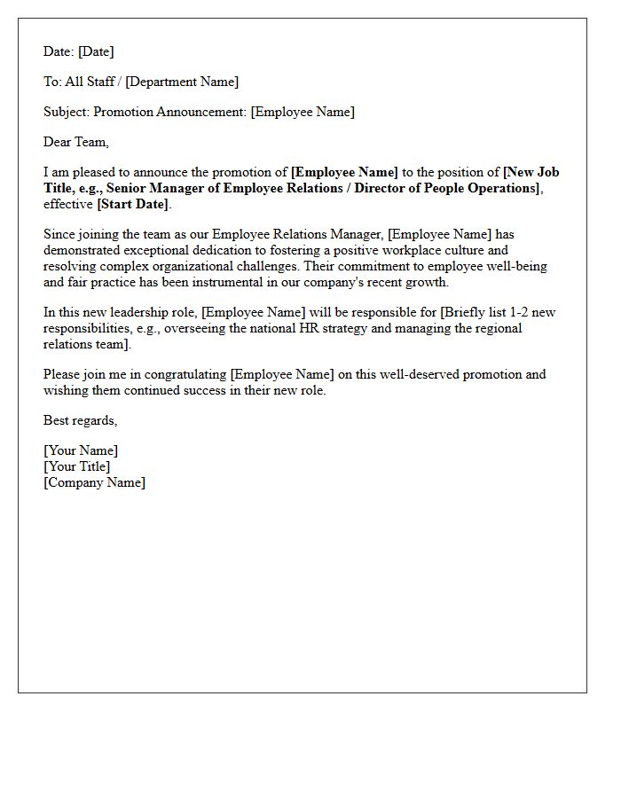 Letter Regarding the Promotion of Your Employee Relations Manager