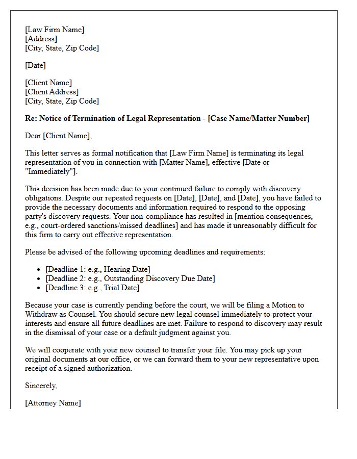 Uncooperative Client Discovery Non-Compliance Disengagement Letter