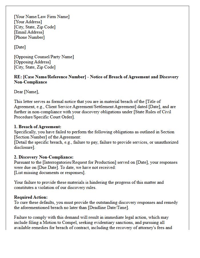 Breach of Client Agreement and Discovery Non-Compliance Letter