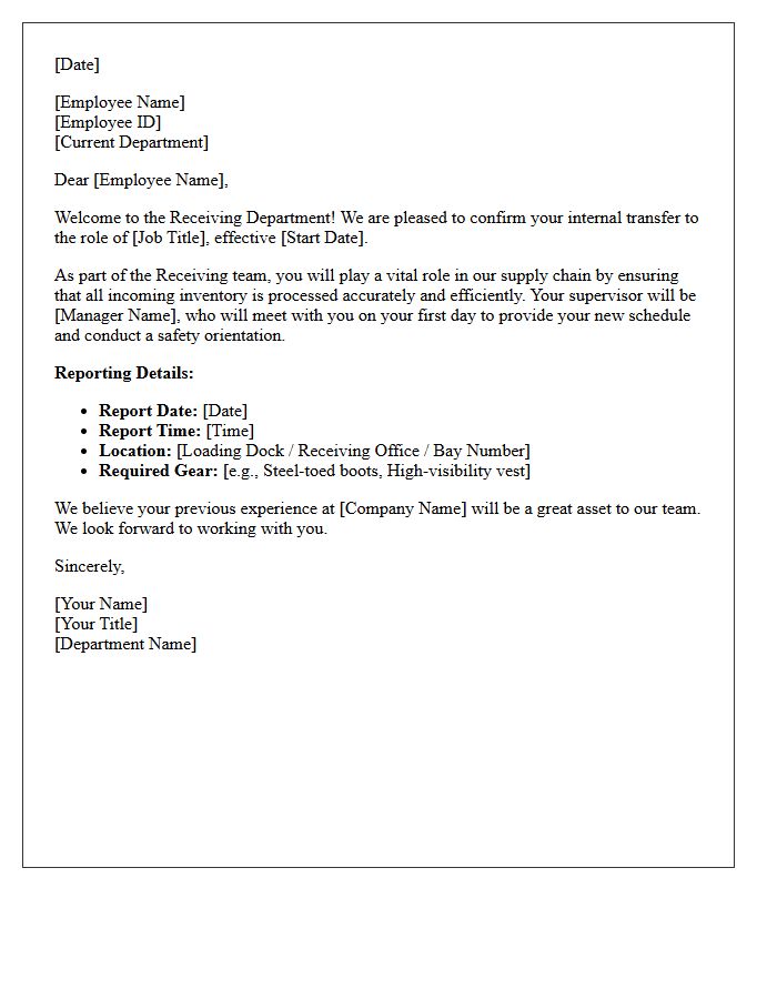Receiving Department Transfer Welcome Letter