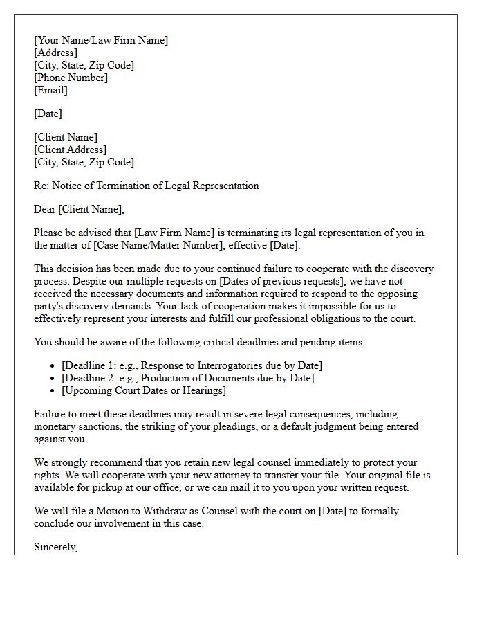 Disengagement Letter for Lack of Discovery Cooperation