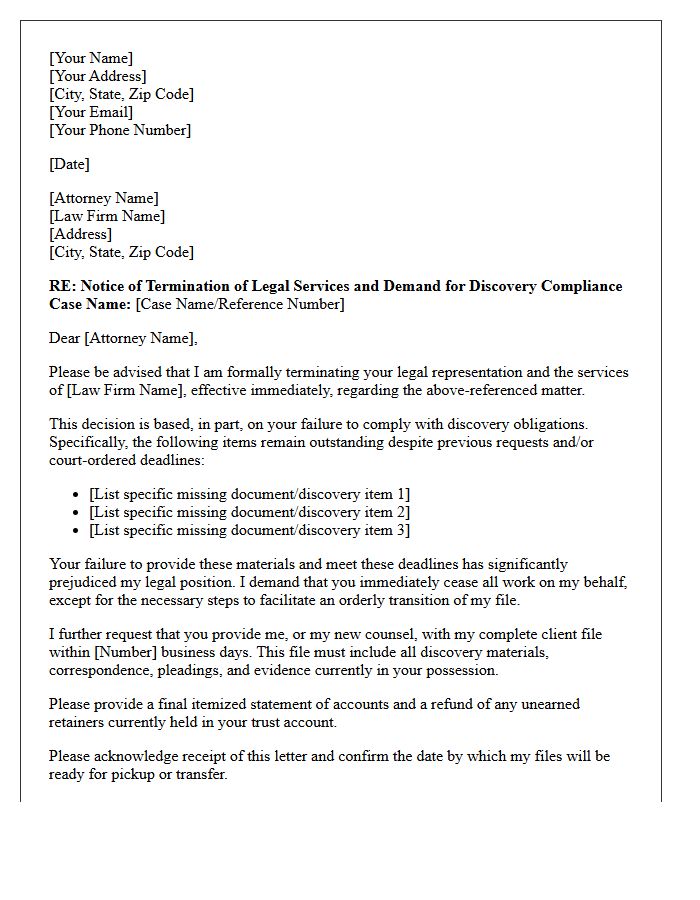 Legal Representation Termination and Discovery Non-Compliance Letter