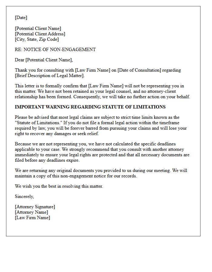 Post-Consultation Non-Engagement and Statute of Limitations Warning Letter