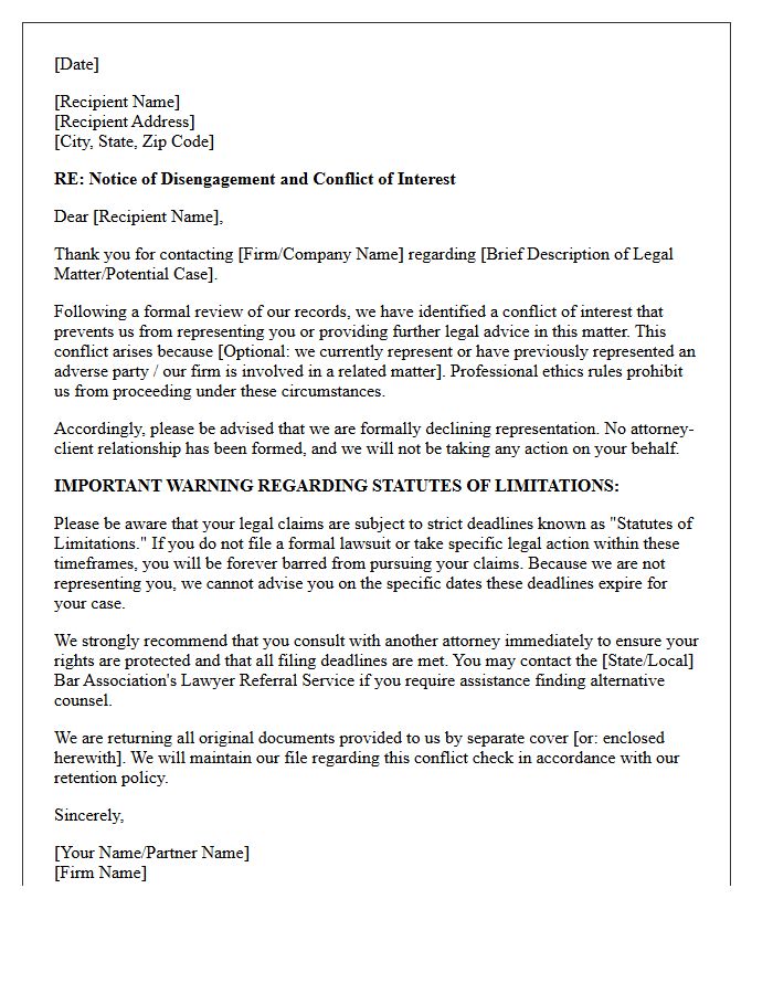 Conflict of Interest Disengagement and Time-Bar Warning Letter