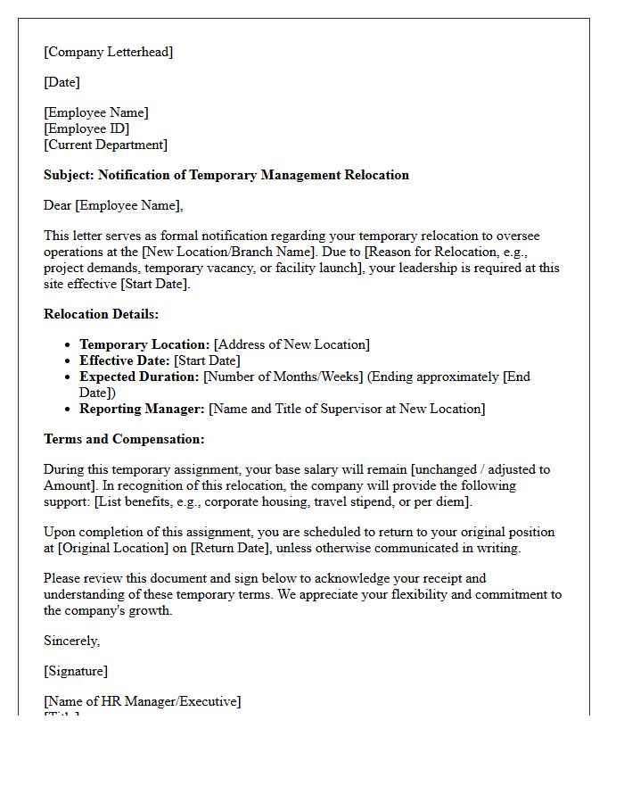 Temporary Management Relocation Letter