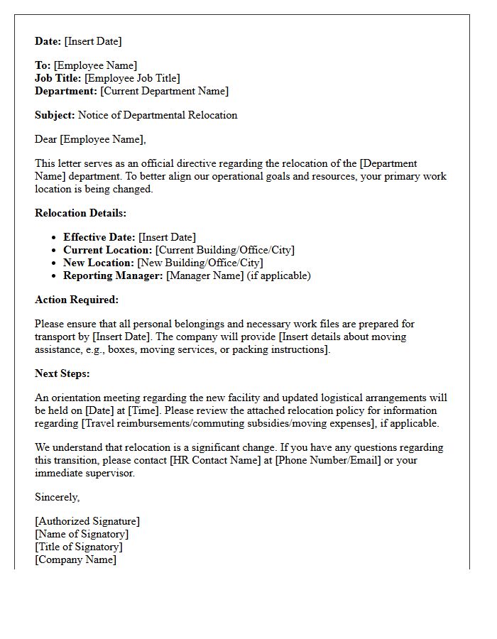 Departmental Relocation Directive Letter