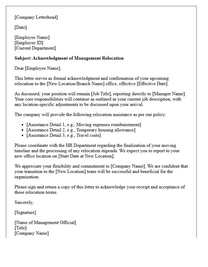 Management Relocation Acknowledgment Letter