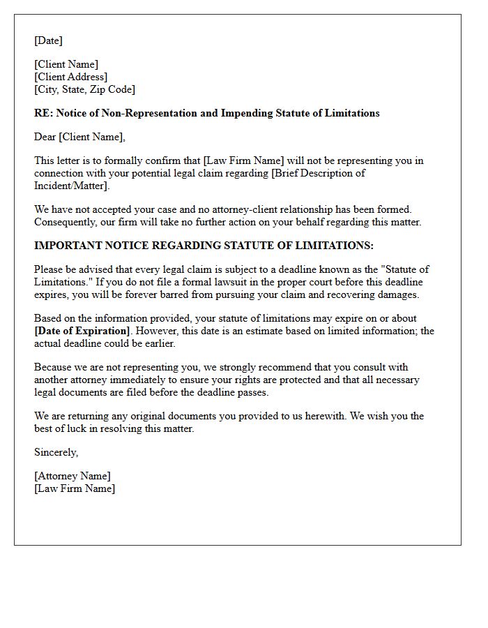 Failure to Retain Firm and Statute of Limitations Expiration Letter