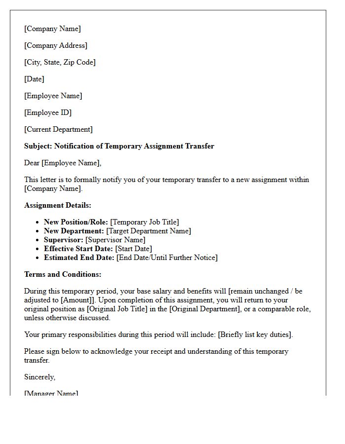 Standard Temporary Assignment Transfer Letter