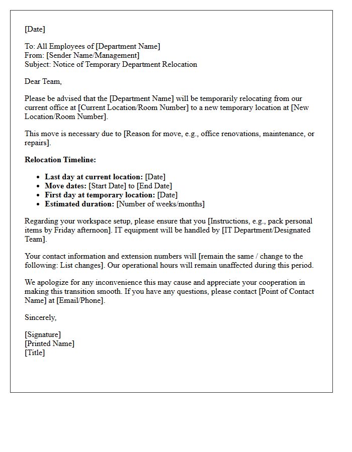 Temporary Department Relocation Letter