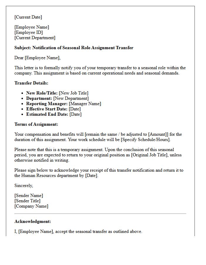 Seasonal Role Assignment Transfer Letter