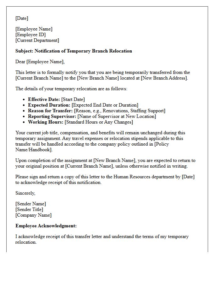 Temporary Branch Relocation Transfer Letter