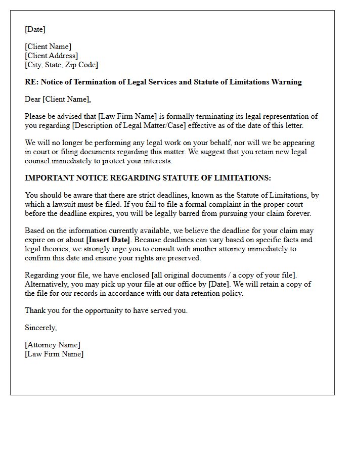 Client Termination and Impending Statute of Limitations Warning Letter