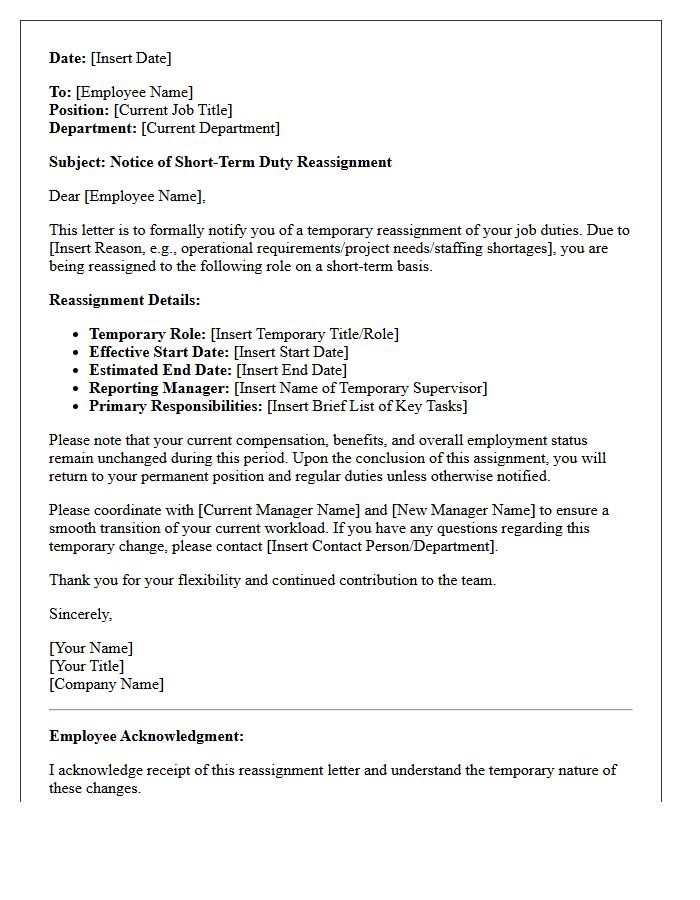 Short-Term Duty Reassignment Letter