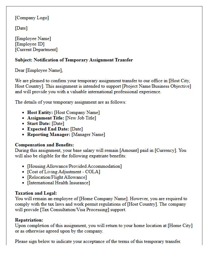 Expatriate Temporary Assignment Transfer Letter