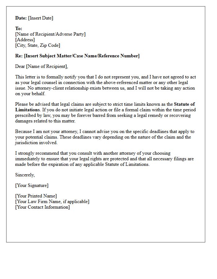 General Non-Representation and Statute of Limitations Notice Letter