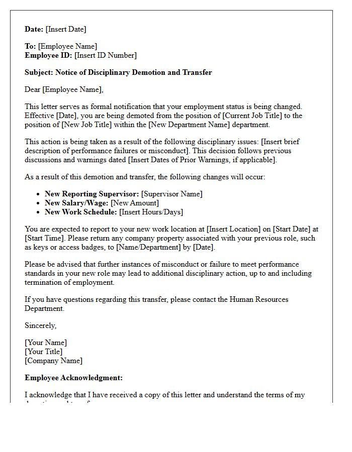 Standard Disciplinary Demotion Transfer Letter