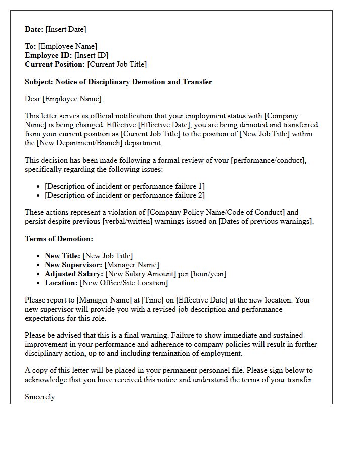 Official Notice of Disciplinary Demotion Transfer Letter