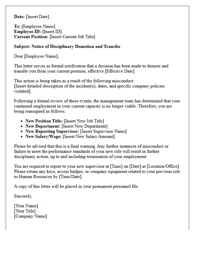 Employee Misconduct Disciplinary Demotion Transfer Letter