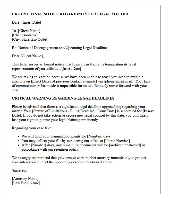 Unresponsive Client Disengagement and Legal Deadline Warning Letter