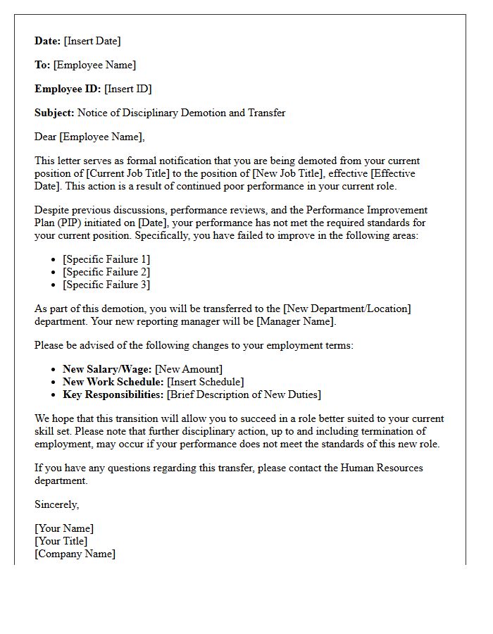 Poor Performance Disciplinary Demotion Transfer Letter