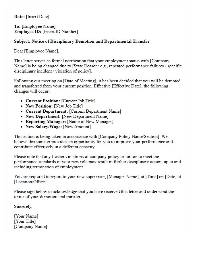 Internal Department Disciplinary Demotion Transfer Letter