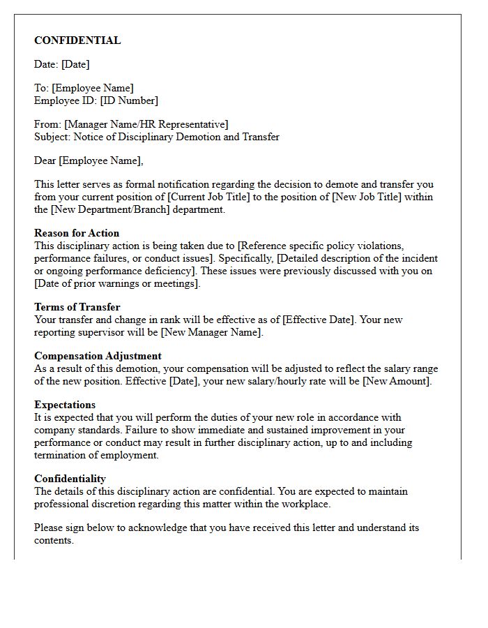 Confidential Employee Disciplinary Demotion Transfer Letter