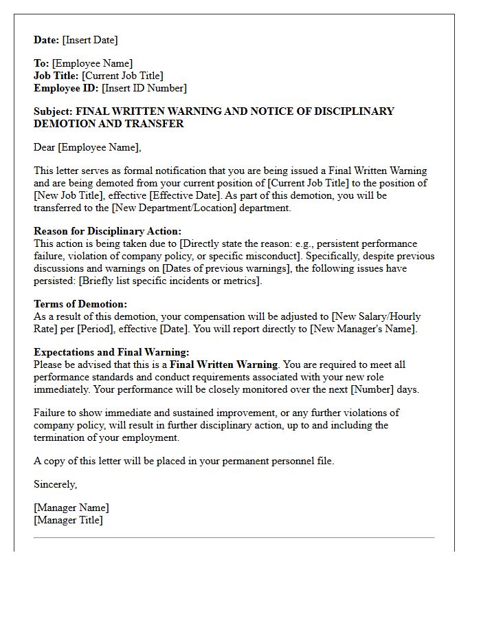 Final Warning and Disciplinary Demotion Transfer Letter