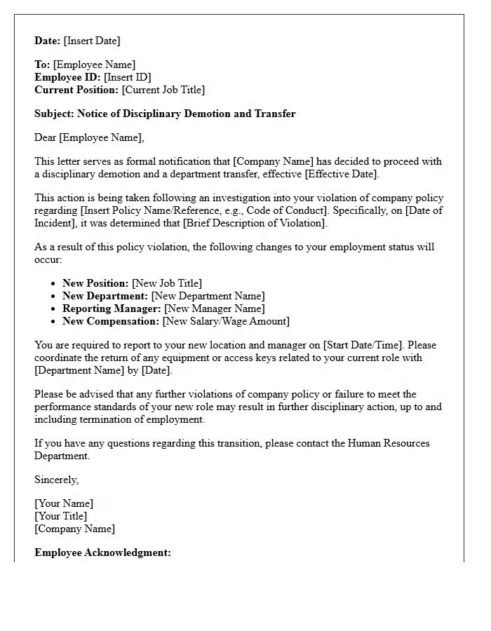 Company Policy Violation Disciplinary Demotion Transfer Letter