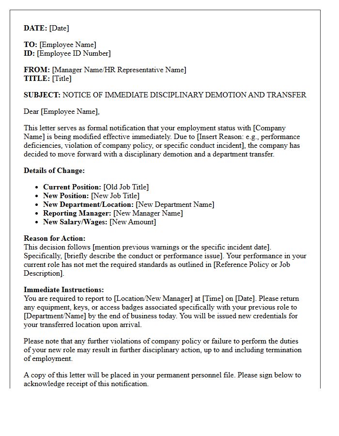 Immediate Action Disciplinary Demotion Transfer Letter