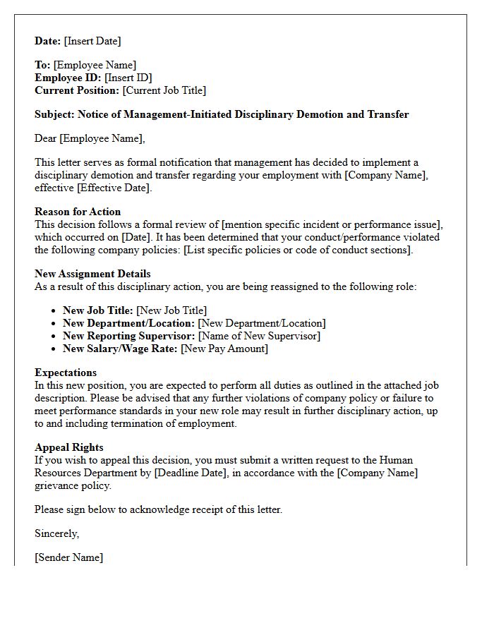Management Initiated Disciplinary Demotion Transfer Letter