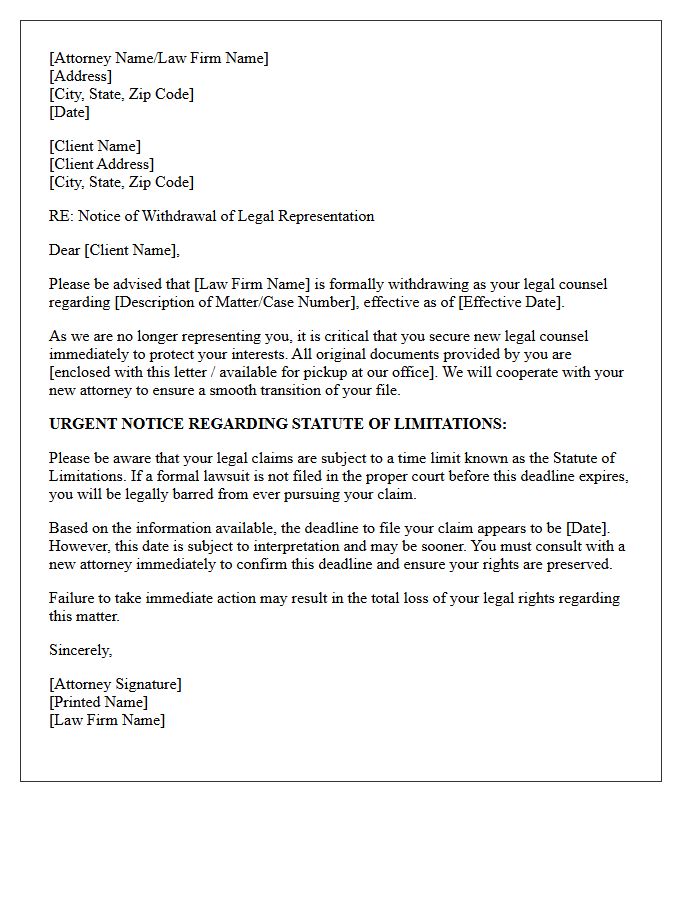 Counsel Withdrawal and Statute of Limitations Advisory Letter