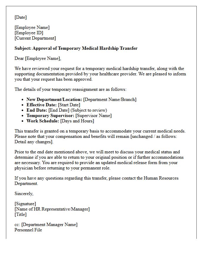 Temporary Medical Hardship Transfer Approval Letter