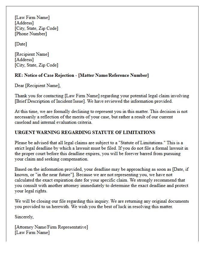 Pre-Litigation Case Rejection and Statute of Limitations Warning Letter