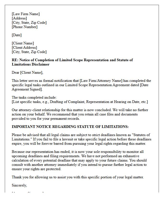 Limited Scope Completion and Statute of Limitations Disclaimer Letter
