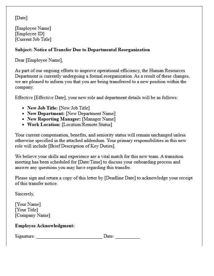 Human Resources Department Reorganization Transfer Letter