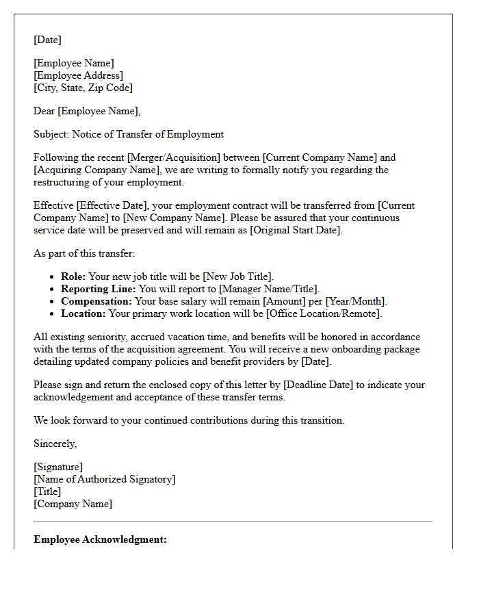 Merger and Acquisition Restructuring Transfer Letter
