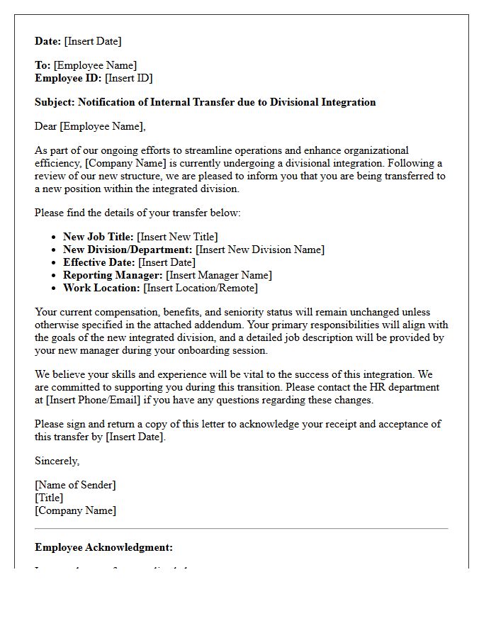 Divisional Integration Employee Transfer Letter