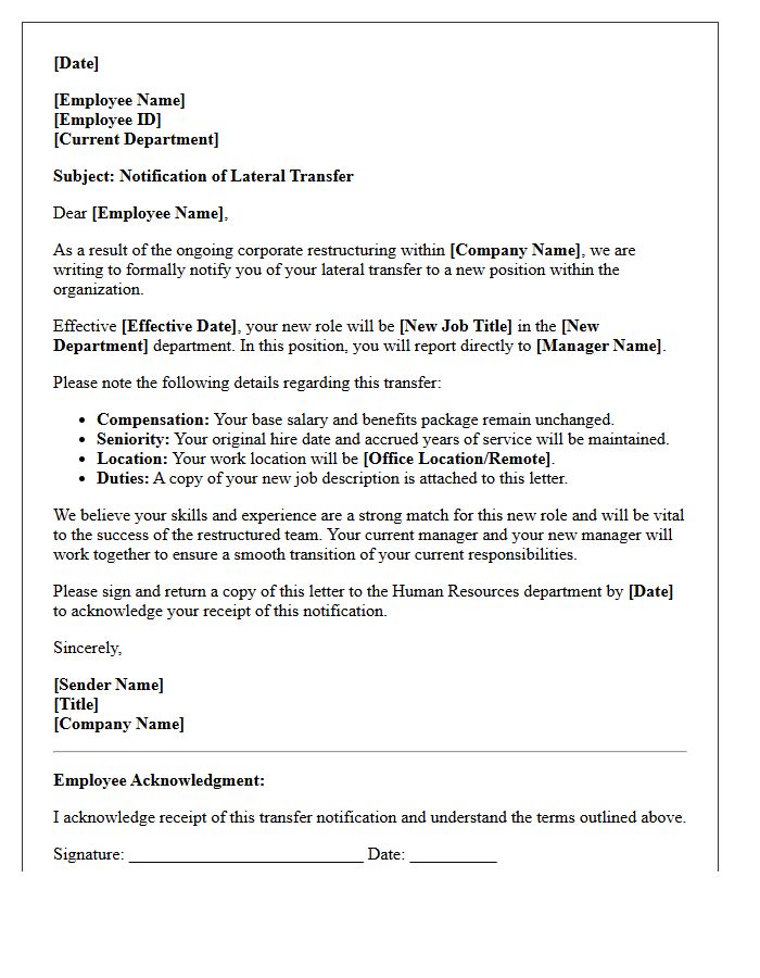 Corporate Restructuring Lateral Transfer Letter