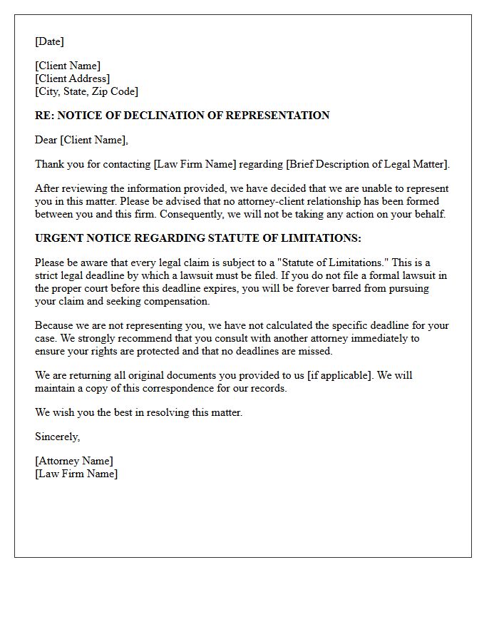 Client Declined Representation and Statute of Limitations Notice Letter