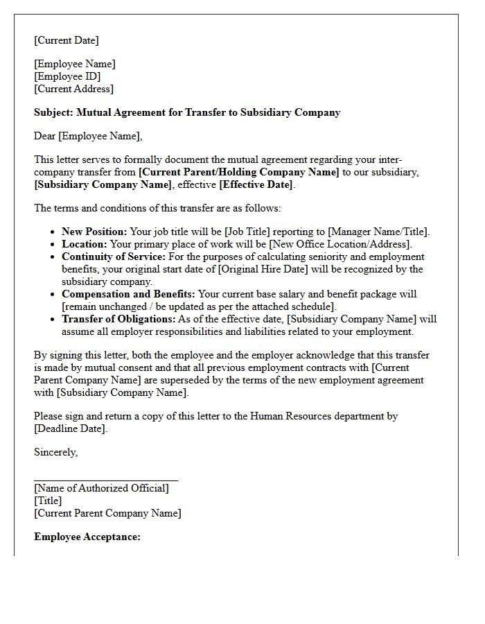 Mutual Agreement Subsidiary Company Transfer Letter