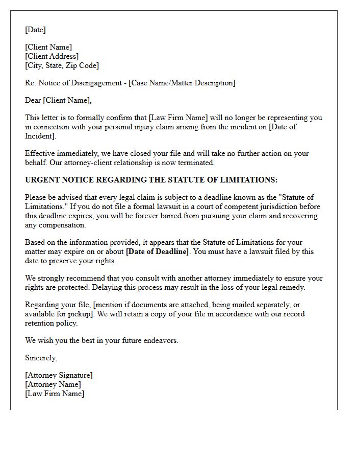 Personal Injury Matter Disengagement and Statute of Limitations Letter
