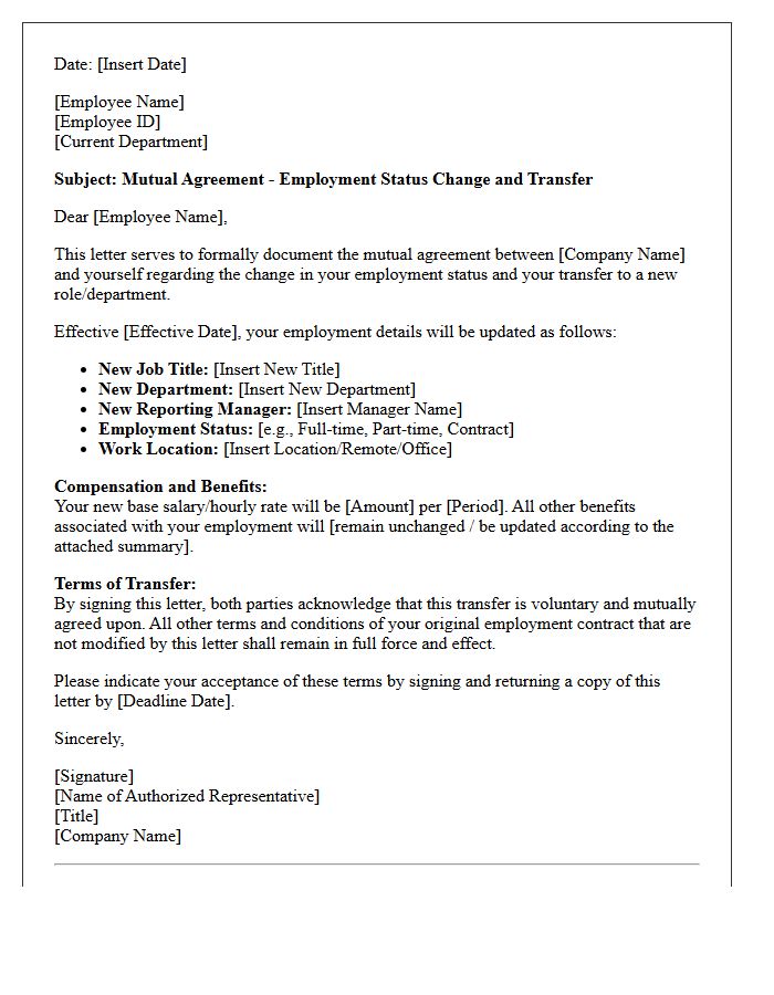 Mutual Agreement Employment Status Change Transfer Letter