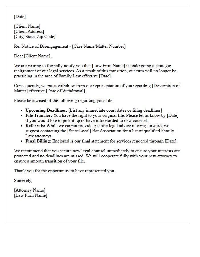 Family Law Practice Area Realignment Disengagement Letter