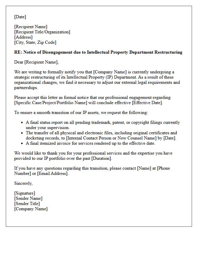 Intellectual Property Department Restructuring Disengagement Letter