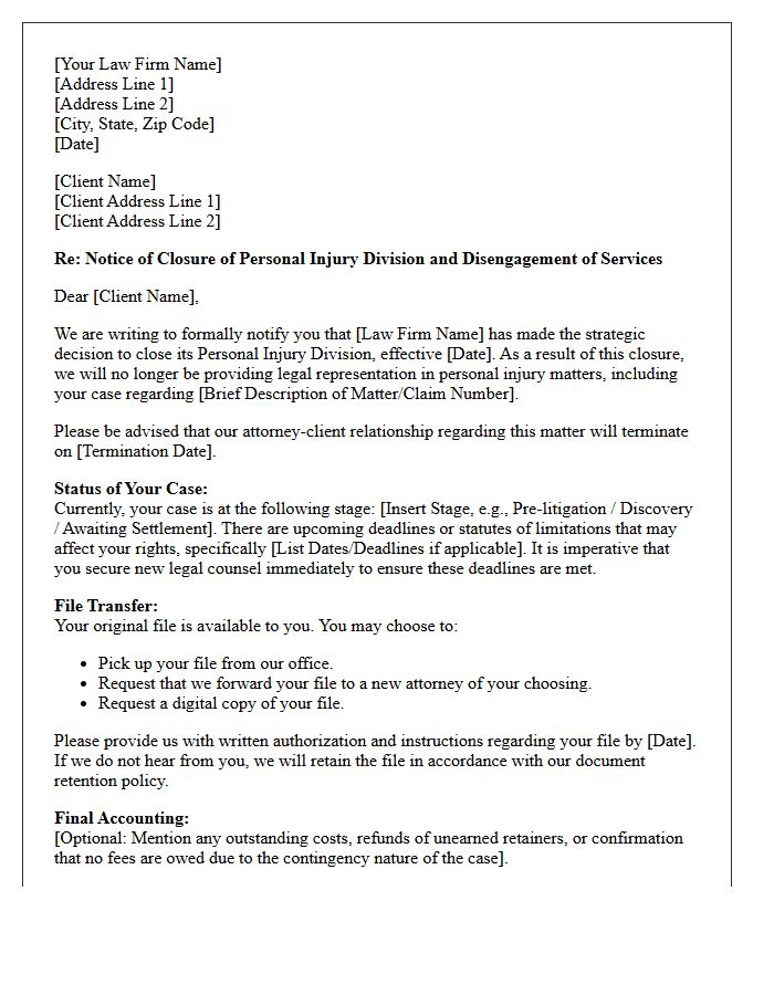 Personal Injury Division Closure Disengagement Letter