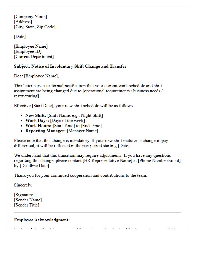 Involuntary Shift Change Transfer Letter