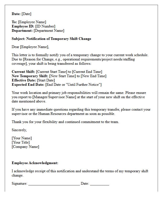 Temporary Shift Change Transfer Letter